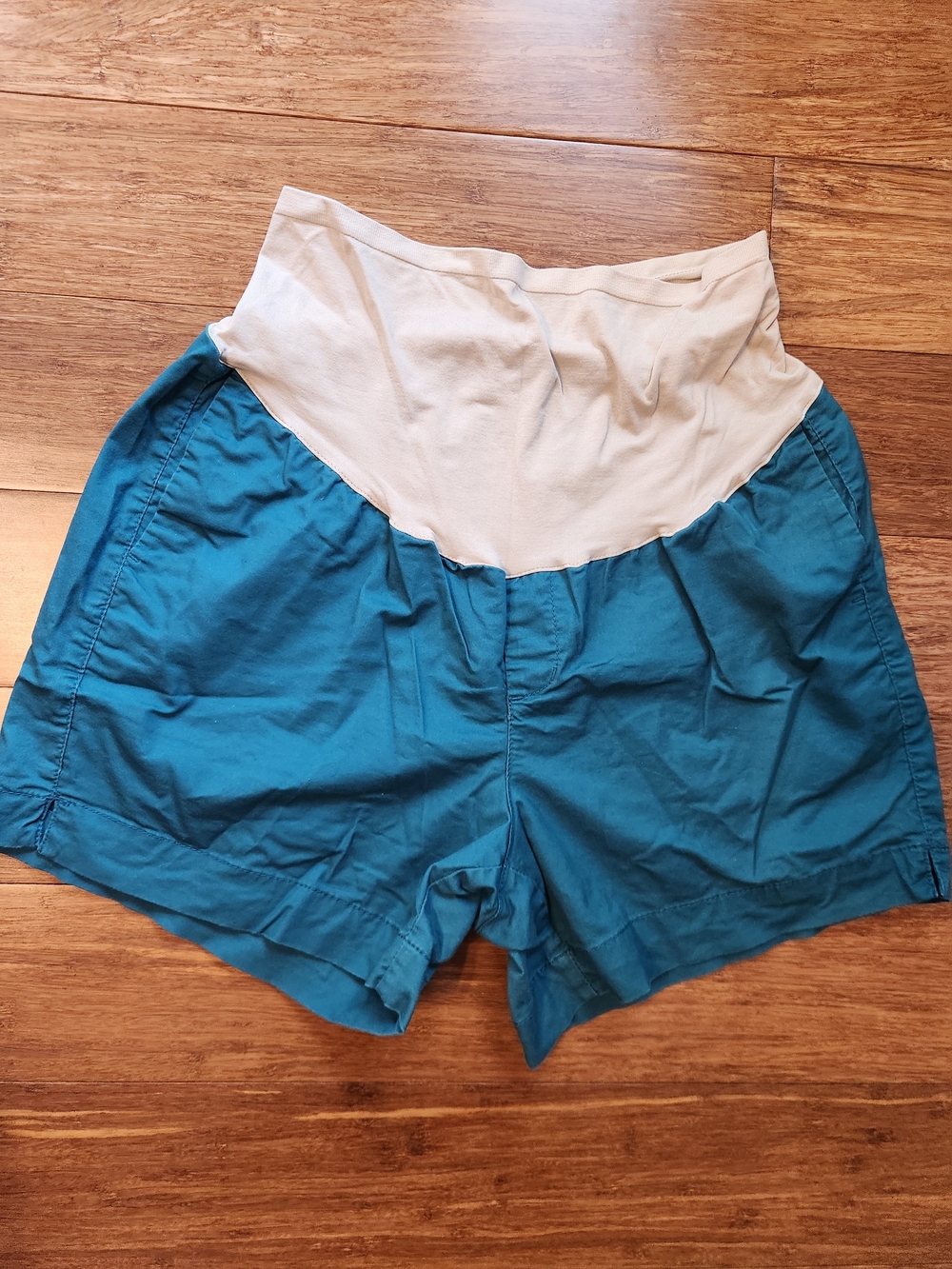 Old Navy Maternity Shorts Teal with Cream High Waist Panel, Size 8